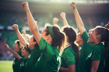 A group of girls - a female football sports team in green uniform cheering because of victory in a...
