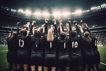 A group of girls - a female football sports team in black uniform cheering because of victory in a...