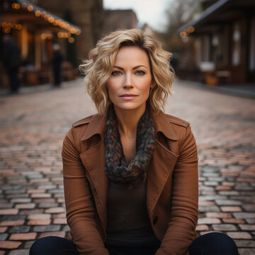 45 Year Old Beautiful Woman Sits On Paving Stones In The Middle Of The Street