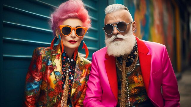 AI generated, elderly couple, punk style, man and woman,extravagant vibrant colored fashion clothing, fashion shoot. Old is not boring. Attractive older couple, good health. Multi-colored.