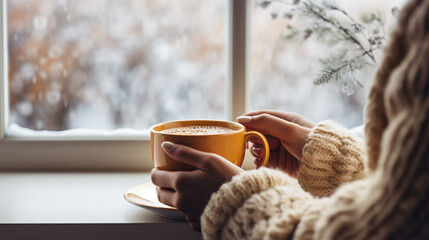 hands of a girl in a large knit sweater hold a cup of coffee by the window in the house in winter
