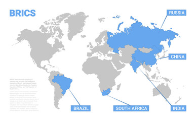 Fototapeta na wymiar BRICS interstate schematic map of countries association members. Union of 5 states of Brazil, Russia, India, China, South Africa world map vector illustration