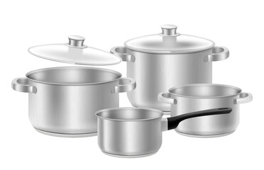 Realistic kitchen utensils and dishes. Set of steel pans, pots or saucepan and stewpan with lids isolated on white background. 3d vector illustration. A set of kitchen tools of various sizes.