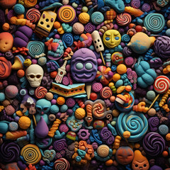 Fototapeta na wymiar Spooky candy extravaganza with a close-up shot of Halloween-themed candies in eerie colors and shapes. AI generated