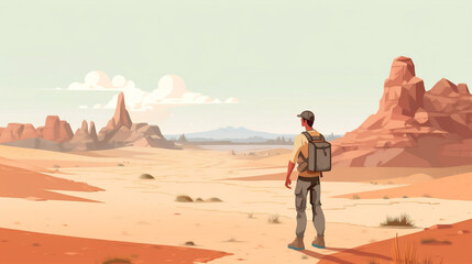 landscape man journey desert backpack hike adventure travel heat walking trek. Generative AI.