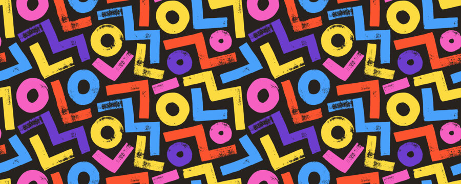 Abstract geometric colorful pattern with zigzags, triangular lines and circles. Brush drawn bold geometric shapes with grunge texture. Vector multi colored banner with simple shapes and figures.