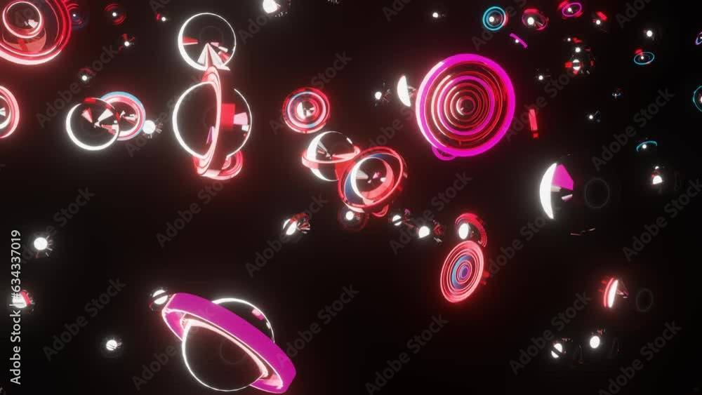 Poster modern animated loop background. blue and pink flashing rows of rings and spheres on a black backgro