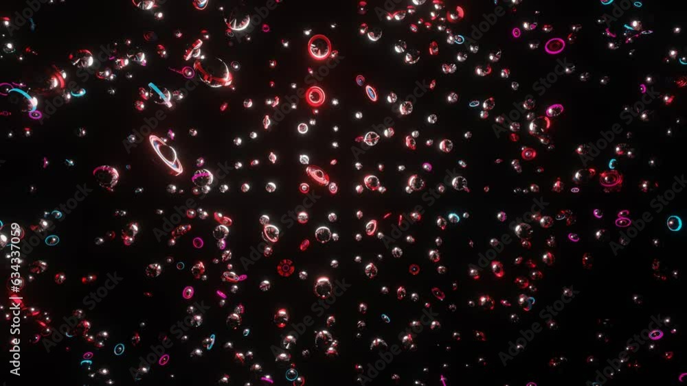Poster modern animated loop background. blue and pink flashing rows of rings and spheres on a black backgro