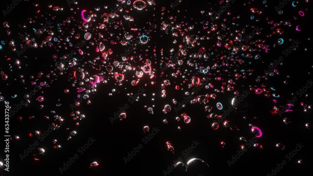 Poster modern animated loop background. blue and pink flashing rows of rings and spheres on a black backgro