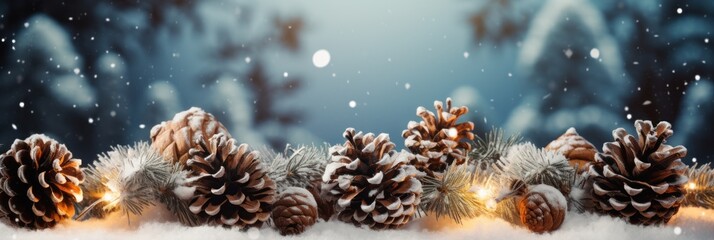 Fototapeta na wymiar Snowy Pine Cones Christmas Decoration Sign on Fir Branch