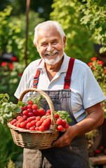 Autumn harvest concept, Happy senior man gardener with harvest in basket