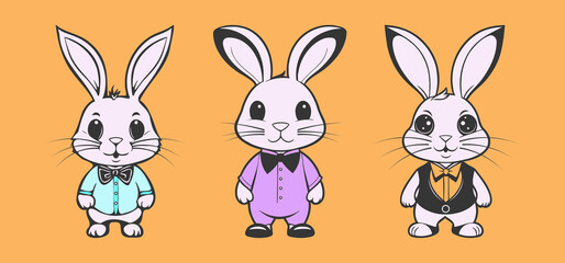 Vector set of cute beautiful little Easter pink bunnies in clothes and with a bow tie. Cartoon rabbits. Orange background.