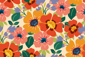 Seamless floral pattern, liberty ditsy print with colorful summer meadow. Bright botanical background, cute flower design: large hand drawn daisies, small flowers, leaves on field. Vector illustration