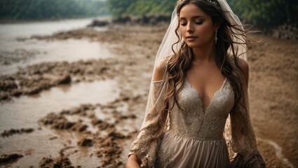 A bride standing bravely in the mud on her wedding day
