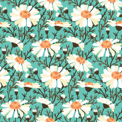 Seamless floral pattern, vintage ditsy print with large chamomile plants. Cute botanical design, old fashion background: hand drawn white flowers, leaves, stems on a blue field. Vector illustration.