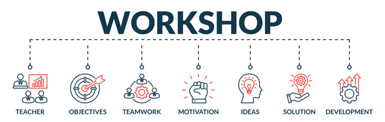 Banner of workshop web vector illustration concept with icons of teacher, objectives, teamwork, motivation, ideas, solution, development