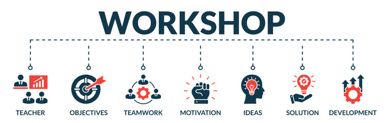 Banner of workshop web vector illustration concept with icons of teacher, objectives, teamwork, motivation, ideas, solution, development