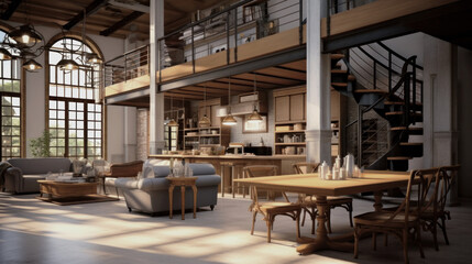 Fototapeta na wymiar Expensive urban interior in loft style. Loft living room interior. Generative AI