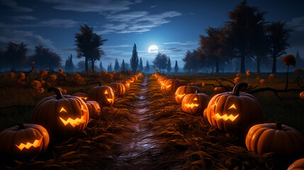 Pumpkin Patch: Rows of vibrant orange pumpkins in a moonlit field, ready to be carved into Jack-o'-lanterns for Halloween 