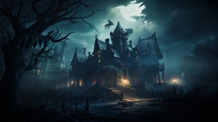 Haunted Mansion: A towering, eerie mansion shrouded in mist, with ghostly figures at the windows, setting the stage for a chilling Halloween 
