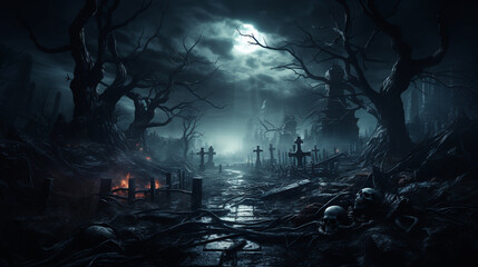 Cemetery Night: A moonlit cemetery with gnarled trees, ancient tombstones, and an ominous atmosphere, perfect for Halloween 