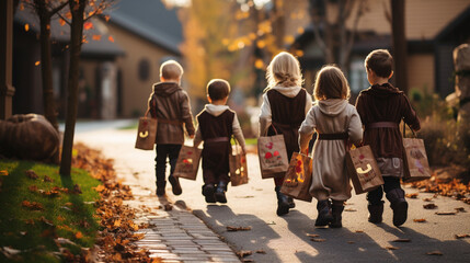 Trick-or-Treating: Children in costumes, excitedly holding out their treat bags, going door-to-door for Halloween candy  - obrazy, fototapety, plakaty