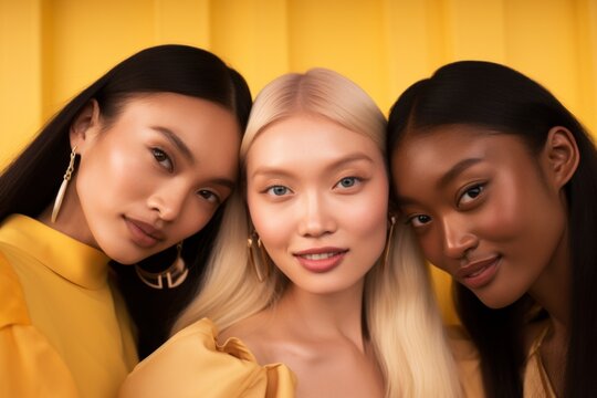 Selfie of three smiling Asian girls with varying skin tones, radiating beauty against a nude color palette. A testament to the diverse beauty within Asian communities