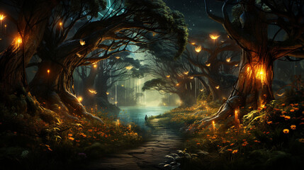 Obraz premium Enchanted Forest: A mystical forest illuminated by fireflies and magical creatures, creating an enchanting Halloween scene 