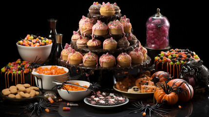 Ghastly Treats: A table of Halloween-themed treats, from creepy cupcakes to candy apples, ready to satisfy ghoulish appetites 