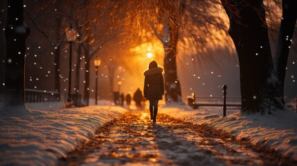 Person walking on snowy road at sunset on a winter day. - Powered by Adobe