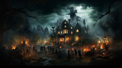 Haunted House Party: A grand Halloween party at a haunted mansion, with elegantly dressed guests and supernatural elements 