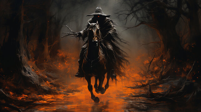 Midnight Ride: A headless horseman galloping through the woods, clutching a jack-o'-lantern, a classic Halloween image 