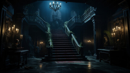 Spooky Mansion Interior: A peek inside a spooky mansion, with dimly lit hallways, creaky stairs, and mysterious shadows, setting the stage for Halloween 