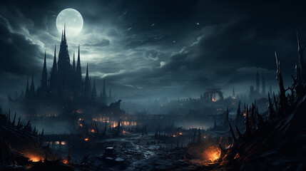 Gothic Cathedral: A Gothic cathedral at night, with dramatic architecture, towering spires, and a moonlit sky, creating a haunting Halloween scene 