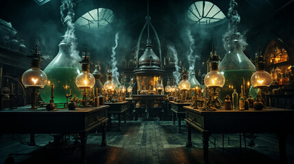 Obraz premium Spooky Laboratory: A mad scientist's laboratory with bubbling beakers, sparking machines, and strange experiments, a classic Halloween setting 