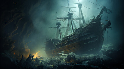 Haunted Shipwreck: A ghostly shipwreck emerging from the mist, with eerie apparitions aboard, creating a maritime Halloween tale  - obrazy, fototapety, plakaty
