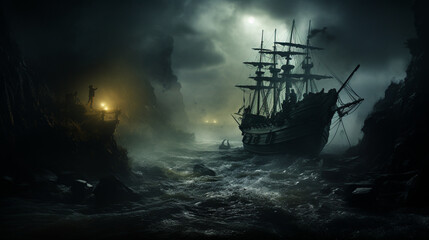 Haunted Shipwreck: A ghostly shipwreck emerging from the mist, with eerie apparitions aboard, creating a maritime Halloween tale 