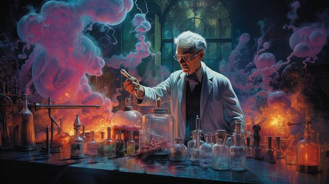 Spooky Laboratory: A mad scientist's laboratory with bubbling beakers, sparking machines, and strange experiments, a classic Halloween setting 