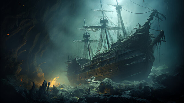 Haunted Shipwreck: A ghostly shipwreck emerging from the mist, with eerie apparitions aboard, creating a maritime Halloween tale © Наталья Евтехова