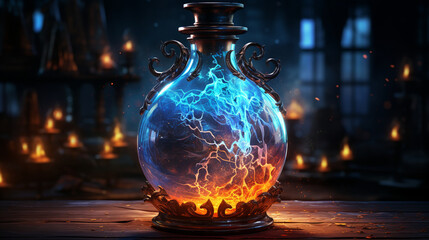 Glowing Potion: A glowing potion bubbling in a glass flask, radiating mysterious energy, a centerpiece for a Halloween gathering 