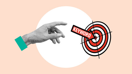 Keyword Advertising. Red arrow hit center of target. Advertising business and marketing concept. Keyword research in SEO activity for the page ranking