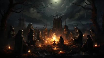 Fotobehang Coven Gathering: A coven of witches gathered in a moonlit clearing, practicing ancient rituals and celebrating Halloween night  © Наталья Евтехова