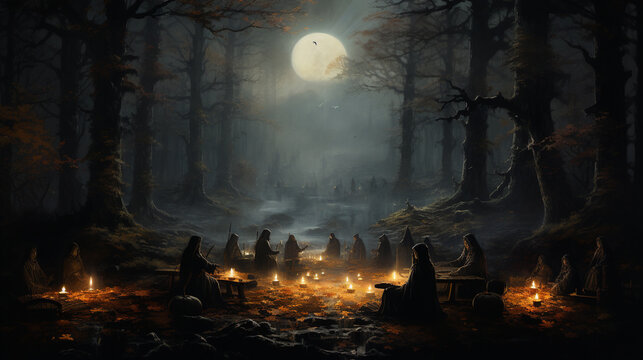 Coven Gathering: A coven of witches gathered in a moonlit clearing, practicing ancient rituals and celebrating Halloween night 
