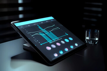 Fototapeta premium Tablet on Table Displaying Financial Ratings and 5G Connectivity. AI Generated.