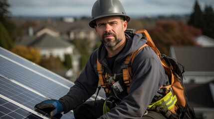 A solar engineer meticulously installing solar panels on the roof of a residence.