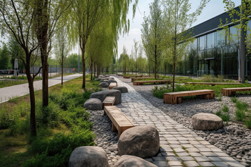 Perspective view of a paved path with a green lawn, decorative grass and modern wooden benches among cobblestones and trees in the recreation area next to a modern office building