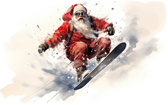 Artistic representation of Santa Claus snowboarding and performing a jump