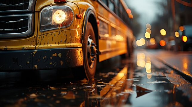 Close-up photo of school bus on the road.