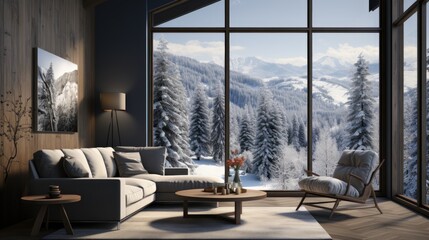 The chalet, elegantly built on the snow-covered mountain slope, is surrounded by upright snow-covered trees.