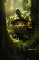 Leprechaun scary creature is hiding in spooky forest realistic photo character generative AI illustration. Leprechauns myth legend in the woods concept